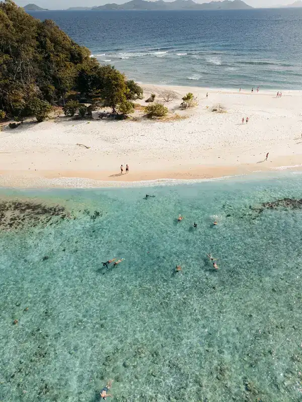 Vista aérea con dron de buceadores con snorkel en el arrecife de Linapacan