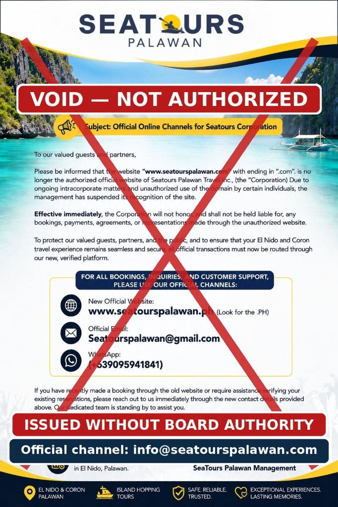Sample unauthorized notice marked VOID — NOT AUTHORIZED and ISSUED WITHOUT BOARD AUTHORITY